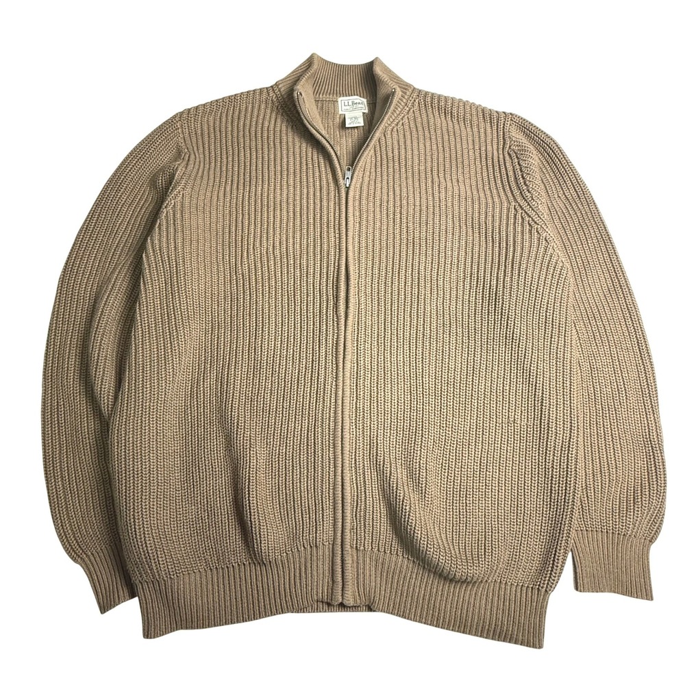 VTG LL BEAN Zip Tight Knit Mock Neck Sweater Mens XL Oatmeal Full Zip YKK